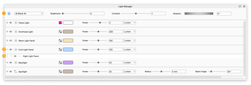 Lichtmanager Fenster Überblick