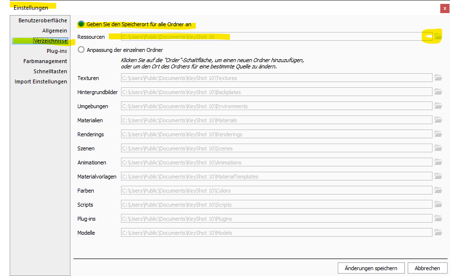 KeyShot Ressourcen Speicherort definieren